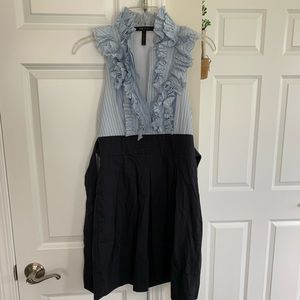 BCBGMaxAzria pinstripe cocktail dress with waist tie and pockets.